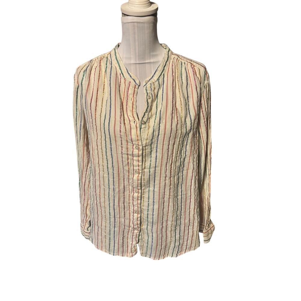 Gap Crinkle Gauze Button-Up Blouse Metallic Rainbow Stripes Size XL